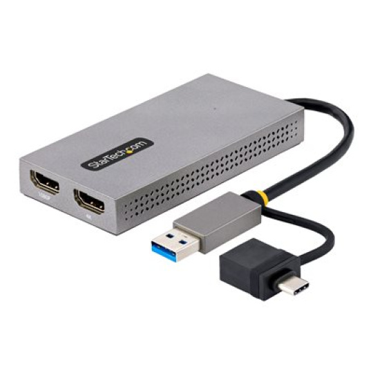 StarTech.com USB to Dual HDMI Adapter, USB A/C to 2x HDMI Monitors (1x 4K 30Hz, 1x 1080p), Integrated USB-A to C Dongle, 4in/11cm Cable, Windows & macOS - USB 3.0 to HDMI Multi-Monitor Display Adapter for Laptop (107B-USB-HDMI) - Video adaptér - USB typ A, 24 pin USB-C s piny (male) do 2 x 19 pin HDMI Type A se zdírkami (female) - šedá - podporuje 4K