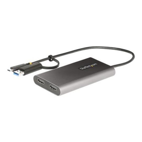 StarTech.com USB-C to Dual-HDMI Adapter, USB-C or A to 2x HDMI, 4K 60Hz, 100W PD Pass-Through, 1ft (30cm) Built-in Cable, External Video Graphics Adapter - USB to HDMI Multi-Monitor Converter for Laptop (109B-USBC-HDMI) - Video adaptér - kompatibilní s TAA - USB typ A, 24 pin USB-C s piny (male) do 2 x 19 pin HDMI Type A, 24 pin USB-C se zdírkami (female) - 30 cm - šedá - podporuje 4K, aktivní