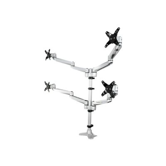 StarTech.com Desk Mount Quad Monitor Arm, Premium Articulating VESA 4 Monitor Mount 2x2 up to 27", Ergonomic Height Adjustable Pole Mount, Tilt/Swivel/Rotate, C-Clamp/Grommet, Silver - Heavy-duty VESA Mount (ARMQUADPS) - Montážní sada - nastavitelné rameno - pro 4 monitory - hliník - stríbrná - velikost obrazovky: 13"-27" - upevnitelné na stul - kompatibilní s TAA