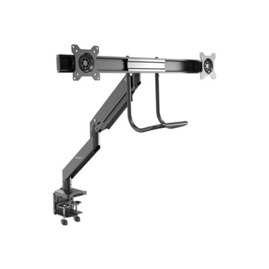 StarTech.com Desk Mount Dual Monitor Arm, Ergonomic Dual Monitor VESA Mount for 32" 17.6lbs (8kg) Displays, Crossbar Handle for Synchronized Full Motion, Height Adjustable, C-Clamp/Grommet - Small Footprint Design (ARMSLMBARDUO) - Montážní sada - nastavitelné rameno - pro 2 monitory - vysoce odolná ocel - cerná - velikost obrazovky: 17"-32" - upevnitelné na stul