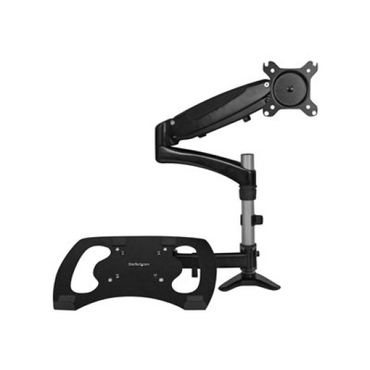 StarTech.com Laptop Monitor Stand - Computer Monitor Stand - Full Motion Articulating - VESA Mount Monitor Desk Mount - Montážní sada (pole clamp, rubber pad, laptop shelf, pružinové rameno, swivel arm, 4 podložky, klipsa pro správu kabelu, šrouby, klíc) - nastavitelné rameno - pro LCD displej / notebook - hliník - cerná - velikost obrazovky: 15"-27" - upevnitelné na stul