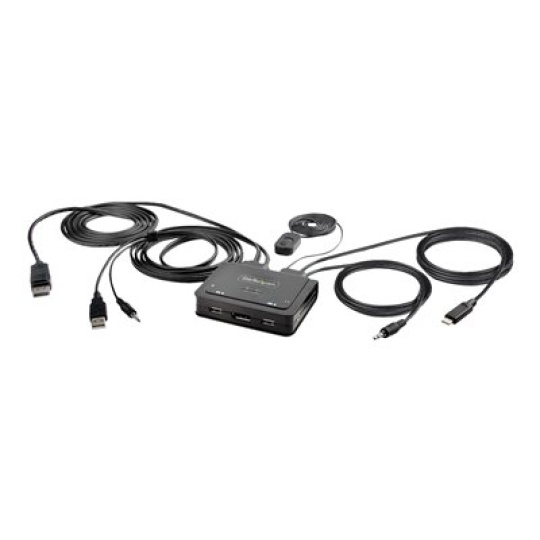 StarTech.com 2-Port Hybrid USB-C DisplayPort Cable KVM Switch, 4K 60Hz, Compact KVM with 6ft/1.8m USB-A/DisplayPort/Audio & 4ft/1.2m USB-C Integrated Host Cables, Bus Powered - Remote Push Button/Hotkey Switching (C2-D46-UAC-CBL-KVM) - Prepínac KVM / audio / USB - kompaktní - 2 x KVM / zvuk / USB - 1 místní uživatel - desktop