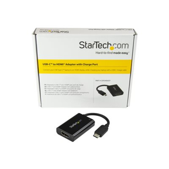 StarTech.com USB C to HDMI 2.0 Adapter with Power Delivery, 4K 60Hz USB Type-C to HDMI Display/Monitor Video Converter, 60W PD Pass-Through Charging Port, Thunderbolt 3 Compatible, Black - USB-C Display Adapter (CDP2HDUCP) - Video adaptér - 24 pin USB-C s piny (male) do HDMI, USB-C (pouze napájení) se zdírkami (female) - cerná - USB Power Delivery (60W), podpora 4K60Hz (4096 x 2160)