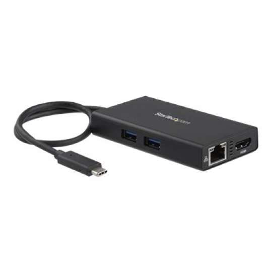 StarTech.com USB-C Multiport Adapter, USB-C Travel Docking Station with 4K HDMI, 60W Power Delivery Pass-Through, Ethernet (GbE), 2x USB-A 3.0 Hub, Portable Mini USB Type-C Dock for Laptop - Portable USB-C Dock (DKT30CHPD) - Video adaptér - kompatibilní s TAA - 24 pin USB-C s piny (male) do RJ-45, HDMI, USB typ A, 24 pin USB-C se zdírkami (female) - 9.6 cm - cerná - podporuje 4K, USB Power Delivery (60W) - pro P/N: ARMPIVOT, ARMPIVOTE, ARMPIVSTND, ARMSLIM, ARMUNONB