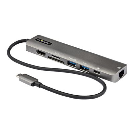 StarTech.com USB C Multiport Adapter, USB-C to 4K 60Hz HDMI 2.0, 100W Power Delivery Pass-through, SD/MicroSD, 2-Port USB 3.0 Hub, GbE, USB Type-C Mini Dock, 12" (30cm) Long Attached Cable - Works w/Thunderbolt 3 (DKT30CHSDPD1) - Dokovací stanice - USB-C / Thunderbolt 3 - HDMI - 1GbE