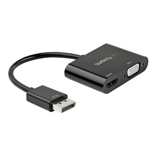 StarTech.com DisplayPort to HDMI VGA Adapter, DisplayPort 1.2 HBR2 to HDMI 2.0 (4K 60Hz) or VGA 1080p Converter Dongle, DP to HDMI or VGA Monitor Adapter, Digital Video Display Adapter - Multiport Video Dongle (DP2VGAHD20) - Video adaptér - DisplayPort s piny (male) do HD-15 (VGA), HDMI se zdírkami (female) - 23.2 cm - cerná - podporuje 4K