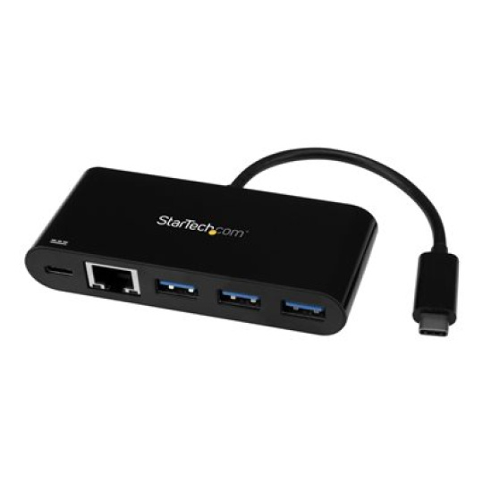 StarTech.com 3 Port USB-C Hub with Gigabit Ethernet & 60W Power Delivery Passthrough Laptop Charging, USB-C to 3x USB-A (USB 3.0 SuperSpeed 5Gbps), USB 3.1/USB 3.2 Gen 1 Type-C Adapter Hub - Windows/macOS/Linux (HB30C3AGEPD) - Rozbocovac - 3 x SuperSpeed USB 3.0 + 1 x 10/100/1000 - desktop