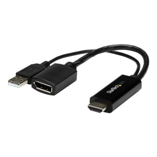 StarTech.com 4K 30Hz HDMI to DisplayPort Video Adapter w/ USB Power - 6 in - HDMI 1.4 (Male) to DP 1.2 (Female) Active Monitor Converter (HD2DP) - Kabel adaptéru - HDMI, USB (pouze napájení) s piny (male) do DisplayPort se zdírkami (female) - 25.5 cm - cerná - aktivní, podpora 4K30Hz (3840 x 2160) - pro P/N: SV211HDUC, SV221HUC4K