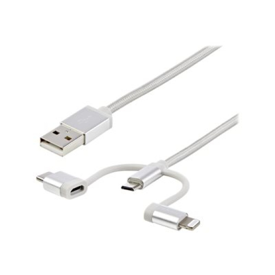 StarTech.com USB Multi Charging Cable - 3.3 ft / 1m - Lightning / USB-C / Micro-USB - Braided - MFi Certified - USB 2.0 - 3 in 1 Charging (LTCUB1MGR) - Kabel USB - USB (M) do Micro USB typ B, Lightning, 24 pin USB-C (M) - 1 m - stríbrná