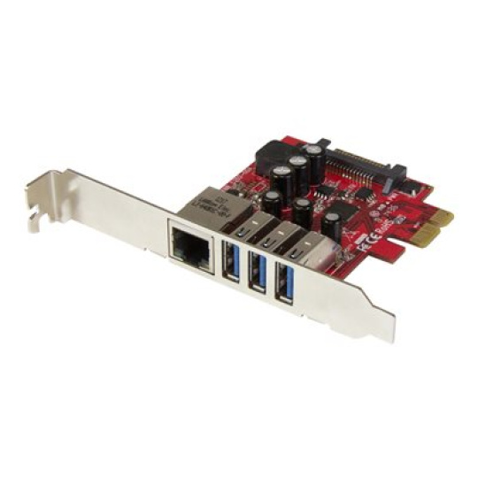 StarTech.com 3 Port PCI Express USB 3.0 Card + Gigabit Ethernet - Fits Standard & Low-Profile PCs - UASP Supported - Optional SATA Power (PEXUSB3S3GE) - Sítový / USB adaptér - PCIe 2.0 nízký profil - USB 3.0 x 3 + 1000Base-T x 1