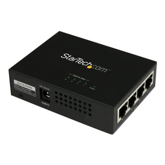 StarTech.com 4 Port Gigabit Midspan - PoE+ Injector - 802.3at and 802.3af - Wall-mountable Power over Ethernet Midspan (POEINJ4G) - Dávkovac energie - AC 100-240 V - 120 Watt - výstupní konektory: 4 - cerná - pro P/N: POEEXT1GAT, POEEXT2GAT, ST12MHDLANU
