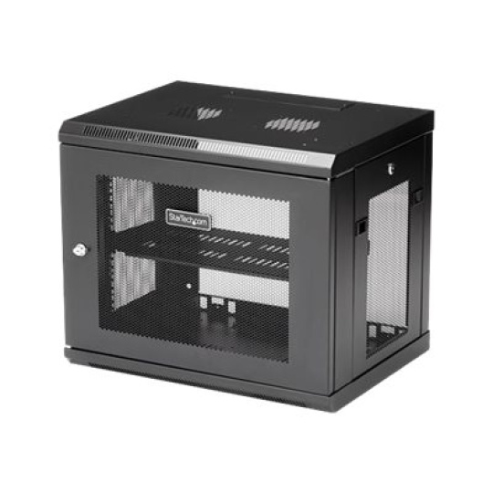 StarTech.com 2 Post 9U 19" Wall Mount Network Cabinet, Adjustable Depth 6-15" Locking IT Switch Depth Enclosure, Vented Computer/Electronics Equipment Data Rack w/ Shelf + Hook & Loop Tape - 19 Inch Wall Cabinet (RK9WALM) - Rozvadecová skrín - montáž na stenu - cerná - 9U