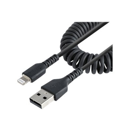 StarTech.com 50cm (20in) USB to Lightning Cable, MFi Certified, Coiled iPhone Charger Cable, Black, Durable and Flexible TPE Jacket Aramid Fiber, Heavy Duty Coil Charging Cable - Rugged USB Lightning Cable - Kabel Lightning - USB s piny (male) do Lightning s piny (male) - 50 cm - cerná - svinutý