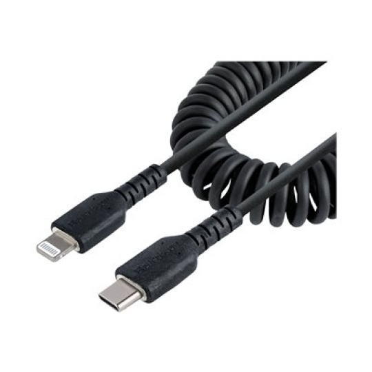 StarTech.com 50cm/20in USB C to Lightning Cable, MFi Certified, Coiled iPhone Charger Cable, Black, Durable and Flexible TPE Jacket Aramid Fiber, Heavy Duty Coil Charging Cable - Rugged USB Lightning Cable - Kabel Lightning - 24 pin USB-C s piny (male) do Lightning s piny (male) - 50 cm - cerná - svinutý