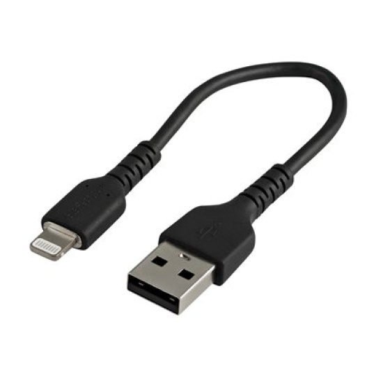 StarTech.com 15cm(6 in) Durable Black USB-A to Lightning Cable, Heavy Duty Rugged Aramid Fiber USB Type A to Lightning Charger/Sync Power Cord, Apple MFi Certified iPad/iPhone 12 Pro Max - iPhone 7/8/11/11 Pro (RUSBLTMM15CMB) - Kabel Lightning - USB s piny (male) do Lightning s piny (male) - 15 cm - cerná