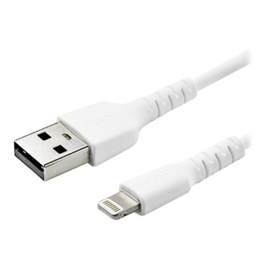 StarTech.com 3 ft(1m) Durable White USB-A to Lightning Cable, Heavy Duty Rugged Aramid Fiber USB Type A to Lightning Charger/Sync Power Cord, Apple MFi Certified iPad/iPhone 12 Pro Max - iPhone 7/8/11/11 Pro - Kabel Lightning - USB s piny (male) rovné do Lightning s piny (male) rovné - 1 m - dvojnásobne stínený - bílá