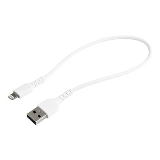 StarTech.com 12 in(30cm) Durable White USB-A to Lightning Cable, Heavy Duty Rugged Aramid Fiber USB Type A to Lightning Charger/Sync Power Cord, Apple MFi Certified iPad/iPhone 12 Pro Max - iPhone 7/8/11/11 Pro - Kabel Lightning - USB s piny (male) do Lightning s piny (male) - 30 cm - bílá