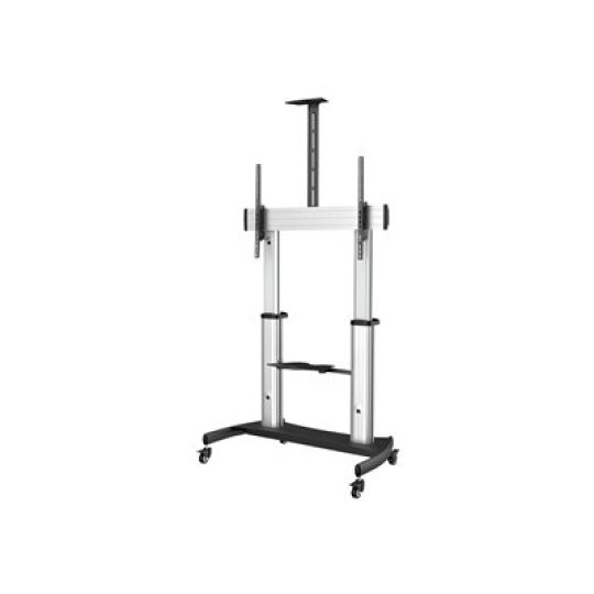 StarTech.com Mobile TV Stand, Heavy Duty TV Cart for 60-100" Display (100kg/220lb), Height Adjustable Rolling Flat Screen Floor Standing on Wheels, Universal Television Mount w/Shelves - W/ 2 equipment shelves - Vozík - pro plochý panel - hliník, ocel - cerná, stríbrná - velikost obrazovky: 60"-100"