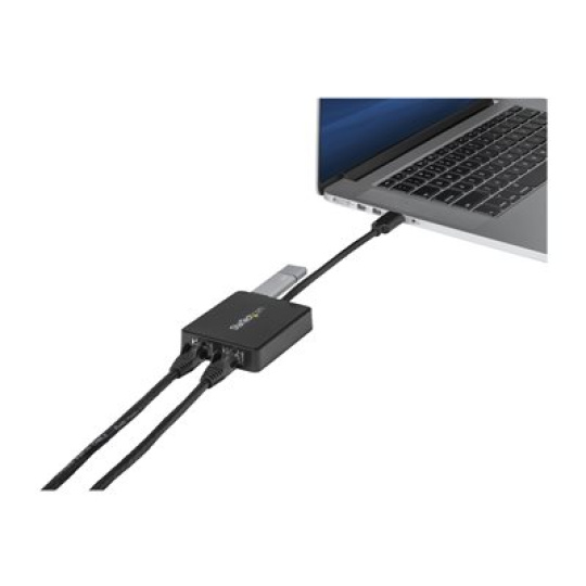 StarTech.com USB 3.0 to Dual Port Gigabit Ethernet Adapter w/ USB Port - 10/100/100 - USB Gigabit LAN Network NIC Adapter (USB32000SPT) - Sítový adaptér - USB 3.0 - 1GbE - 1000Base-T - 2 porty - cerná