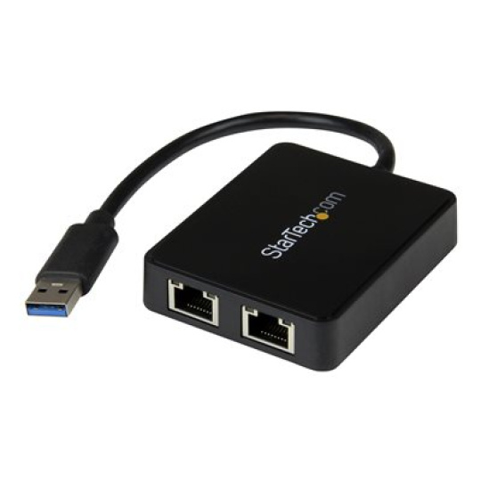 StarTech.com USB 3.0 to Dual Port Gigabit Ethernet Adapter w/ USB Port - 10/100/100 - USB Gigabit LAN Network NIC Adapter (USB32000SPT) - Síťový adaptér - USB 3.0 - 1GbE - 1000Base-T - 2 porty - černá