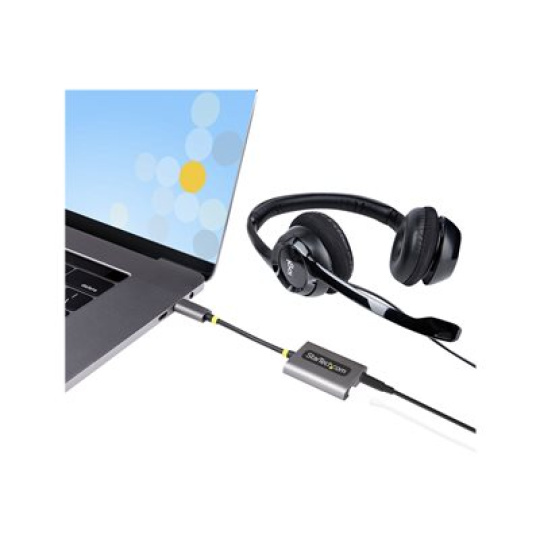 StarTech.com USB-C Headphone Splitter, USB Type C Dual Headset Adapter w/Microphone Input, USB C to 3.5mm Adapter/Earphone Dongle, USB C to Audio Jack/Aux Output - Mic and Headset Controls, Built-in 24-bit DAC (USBC-AUDIO-SPLITTER) - Audio separátor - 24 pin USB-C s piny (male) rovné do mini jack se zdírkami (female) rovné - 7 cm - cerná, šedá space gray