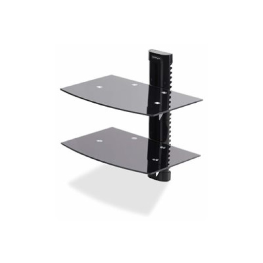 StarTech.com Dual Floating Wall-Mounted AV Shelves, Adjustable Height Shelf For Under TV, Organize A/V Equipment On Black Tempered Glass Shelves - Police - pro komponenty audio/video - hliník, ocel, plast - cerná - montáž na stenu