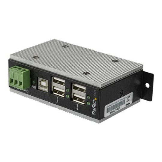 StarTech.com 4 Port USB 2.0 Hub, Metal Industrial USB-A Hub (4x USB-A) with ESD & Surge Protection, Extended Operating Temp -40 to 185°F, Din Rail/Wall/Desk Mountable, USB Expander Hub - Windows/macOS/Linux (HB20A4AME) - Rozbocovac - 4 x USB 2.0 - lze montovat na konzolu DIN - DC power - kompatibilní s TAA - pro P/N: ITB20D3250