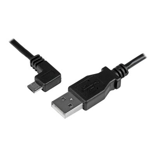 StarTech 1m 3 ft Micro-USB Charge-and-Sync Cable - Left-Angle Micro-USB - M/M - USB to Micro USB Charging Cable - 30/24 AWG (USBAUB1MLA) - Kabel USB - Micro USB typ B (M) do USB (M) - USB 2.0 - 1 m - levý úhlový konektor - cerná - pro P/N: USB2PCARBK, USB2PCARBKS, USBEXTAA10BK, USBEXTAA6BK, USBLT2PCARW, USBUB2PCARB