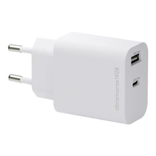 dbramante1928 re-charge - Síťový adaptér - 18W - 30 Watt - 3 A - PD/PPS - 2 výstupní konektory (24 pin USB-C, USB) - bílá - Evropa
