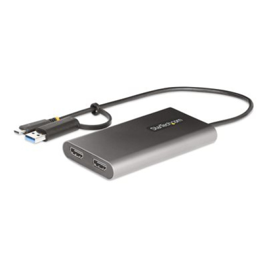 StarTech.com USB-C to Dual-HDMI Adapter, USB-C or A to 2x HDMI, 4K 60Hz, 100W PD Pass-Through, 1ft (30cm) Built-in Cable, External Video Graphics Adapter - USB to HDMI Multi-Monitor Converter for Laptop (109B-USBC-HDMI) - Video adaptér - kompatibilní s TAA - USB typ A, USB-C s piny (male) do 2 x 19 pin HDMI Type A, USB-C se zdířkami (female) - 30 cm - šedá - podporuje 4K, aktivní