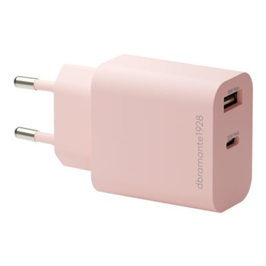 dbramante1928 re-charge - Síťový adaptér - 20 Watt - 2 výstupní konektory (24 pin USB-C, USB) - růžová - Evropa