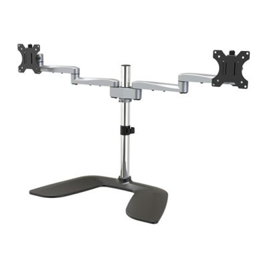 StarTech.com Dual Monitor Stand, Ergonomic Desktop Monitor Stand for up to 32" VESA Displays, Free-Standing Articulating Universal Computer Monitor Mount, Adjustable Height, Silver - Easy & Quick Assembly - Stojan - pro 2 monitory - plast, hliník, ocel - černá, stříbrná - velikost obrazovky: 32" - na stůl