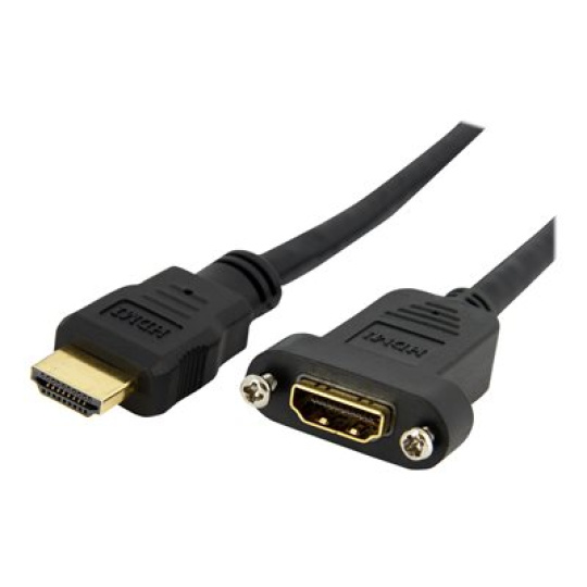 StarTech.com 3ft HDMI Female to Male Adapter, 4K High Speed Panel Mount HDMI Cable, 4K 30Hz UHD HDMI, 10.2 Gbps Bandwdith, 4K HDMI 1.4 Video, HDCP 1.4, HDMI Female to HDMI Male Cable - HDMI Panel Mount Connector - HDMI kabel - HDMI se zdírkami (female) do HDMI s piny (male) - 91 cm - cerná - lisovaný - pro P/N: CDP2HDMM2MB, DP2HDMM2MB, HDDVIMM3, HDMM1MP, HDMM2MP, HDMM3MP, HDPMM50, MDP2HDMM2MB