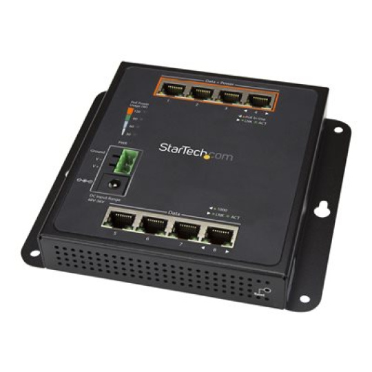 StarTech.com Industrial 8 Port Gigabit PoE Switch, 4 x PoE+ 30W, Power Over Ethernet, Hardened GbE Layer/L2 Managed Switch, Rugged High Power Gigabit Network Switch IP-30/-40C to +75C - Managed Network Switch (IES81GPOEW) - Prepínac - rízený - 4 x 10/100/1000 + 4 x 10/100/1000 (PoE+) - pro pripevnení na zed - PoE+ (120 W) - napájení DC