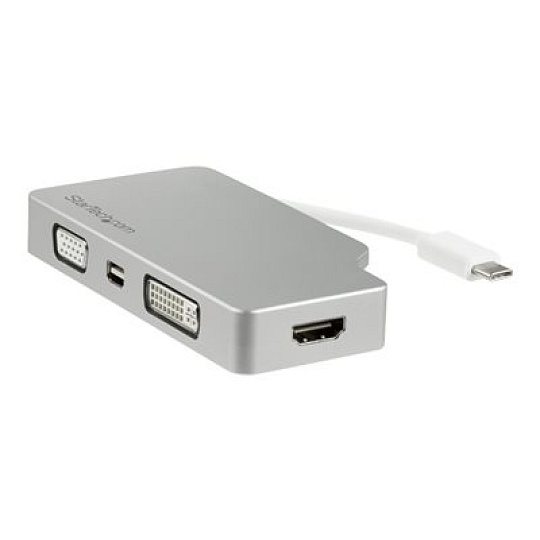 Startech USB C Multiport Video Adapter with HDMI, VGA, Mini DisplayPort or DVI, USB Type C Monitor Adapter to HDMI 1.4 or mDP 1.2 (4K), VGA or DVI (1080p), Silver Aluminum Adapter - 4-in-1 USB-C Converter (CDPVGDVHDMDP) - Video adaptér - USB-C s piny (male) do HD-15 (VGA), DVI-D, HDMI, Mini DisplayPort se zdírkami (female) - 10.5 cm - stríbrná - podporuje 4K, aktivní