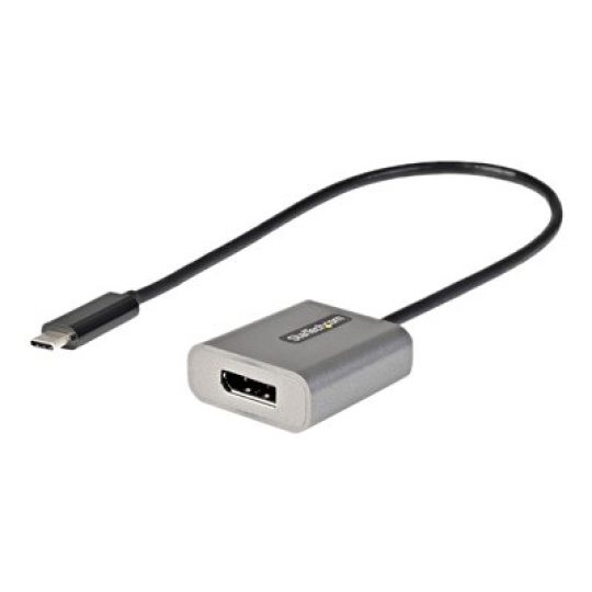 StarTech.com USB C to DisplayPort Adapter, 8K/4K 60Hz USB-C to DisplayPort 1.4 Adapter Dongle, USB Type-C to DP Monitor Video Converter, Thunderbolt 3 Compatible, w/12" Long Attached Cable - HBR3, DSC, DP Alt Mode (CDP2DPEC) - Video adaptér - 24 pin USB-C (M) do DisplayPort (F) - Thunderbolt 3 / DisplayPort 1.4 - 30 cm - podpora 8K60Hz, podpora 4K60Hz - šedá