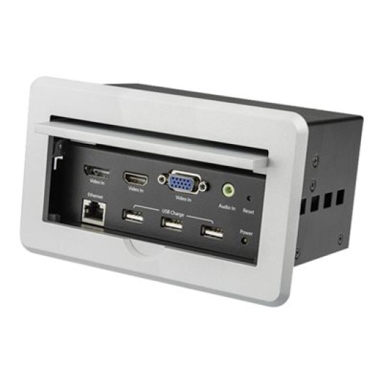 StarTech.com Conference Table Connectivity Pop up Box with AV and Data Ports - HDMI, VGA, DisplayPort to 4K HDMI Output (BOX4HDECP2) - Montážní deska - HDMI, HD-15, mini-phone stereo 3.5 mm, RJ-45, USB Type A, DisplayPort - stríbrná