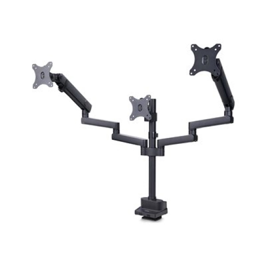 StarTech.com Triple Monitor Desk Mount For Up To Three 27in Screens, VESA 75x75/100x100, Tool-Less Arm Adjustments, C-Clamp/Grommet Mount, Spring-Assisted Arms - Montážní sada - nastavitelné rameno - pro 3 LCD displeje - hliník, ocel, plast - černá - velikost obrazovky: až 27" - upevnitelné na stůl