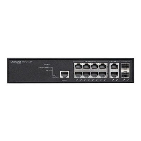 LANCOM GS-2412P - Prepínac - rízený - 8 x 10/100/1000 (PoE+) + 2 x 1 Gigabit SFP + 2 x 10/100/1000 - Lze montovat do rozvadece - PoE+ (130 W)